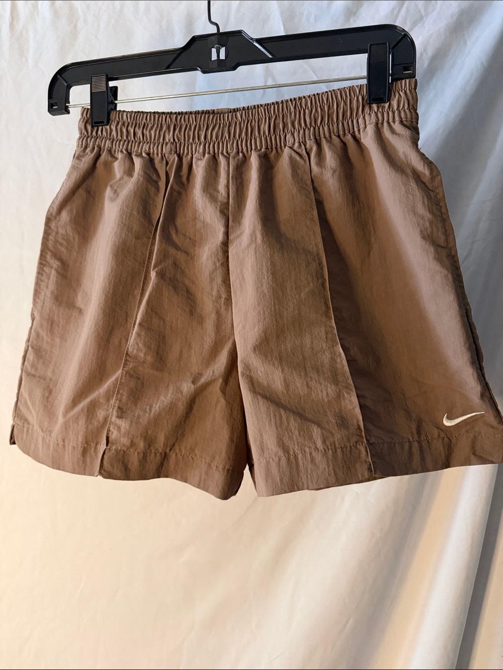 Nike Women’s Brown Elastic-Waist Athletic Shorts with White Swoosh